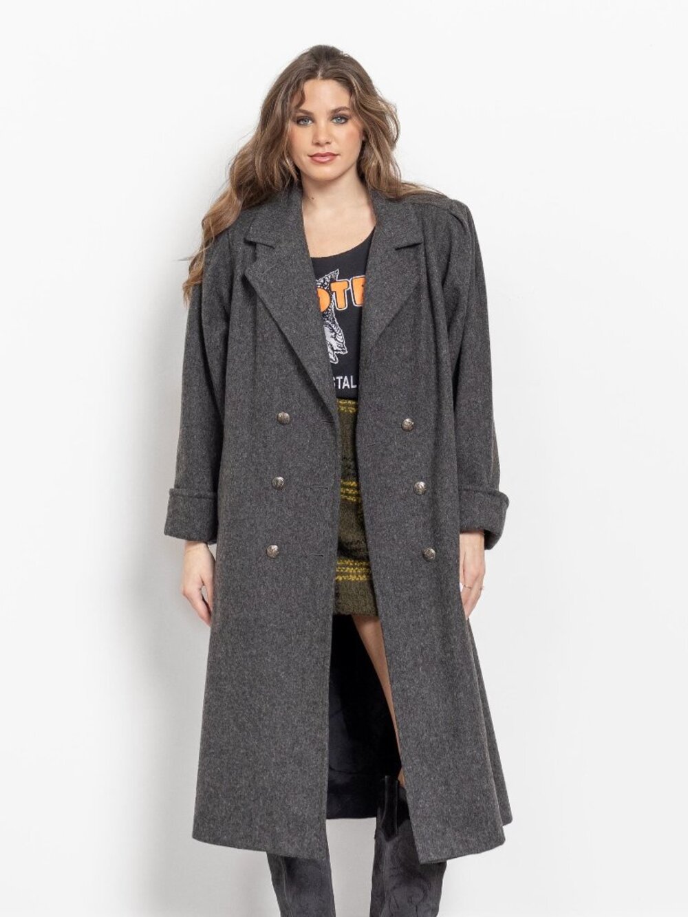 Vintage 90s Wool Trench Coat: Grey Double Breasted Oversized Jacket